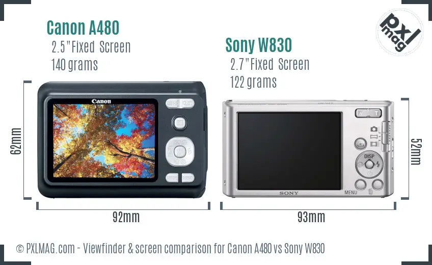 Canon A480 vs Sony W830 Screen and Viewfinder comparison