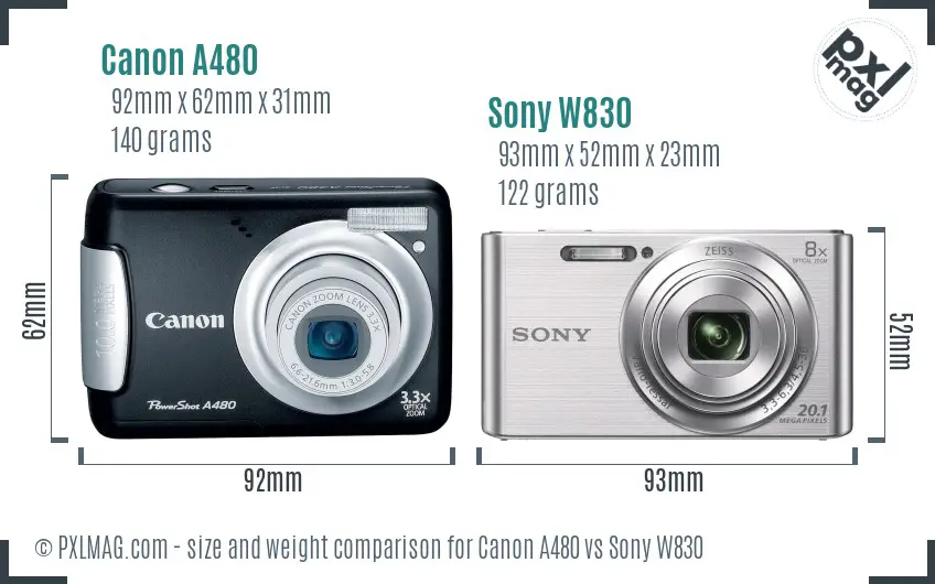 Canon A480 vs Sony W830 size comparison