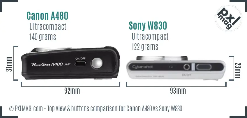 Canon A480 vs Sony W830 top view buttons comparison