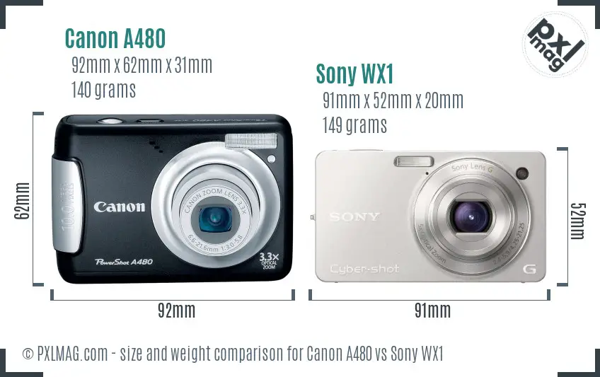 Canon A480 vs Sony WX1 size comparison