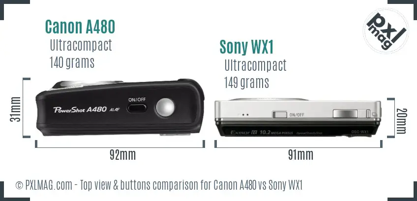 Canon A480 vs Sony WX1 top view buttons comparison