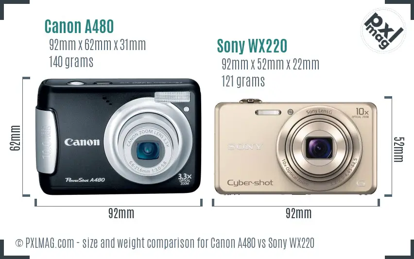 Canon A480 vs Sony WX220 size comparison