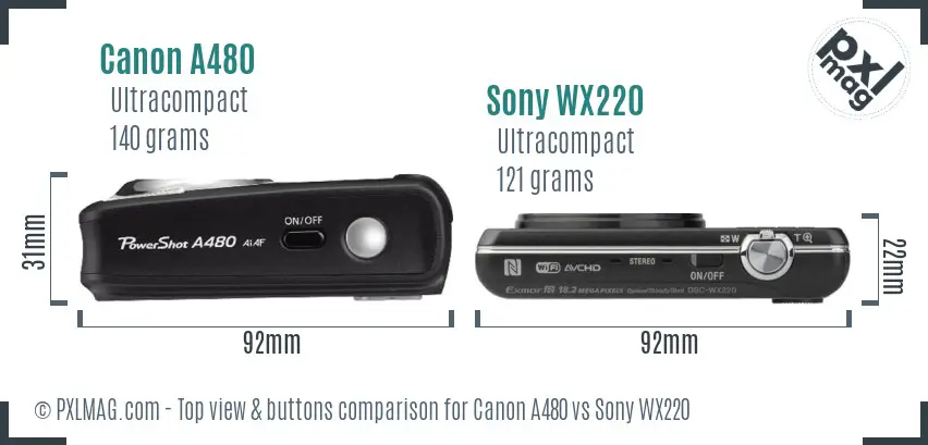 Canon A480 vs Sony WX220 top view buttons comparison