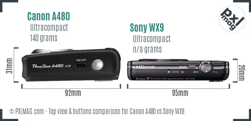 Canon A480 vs Sony WX9 top view buttons comparison