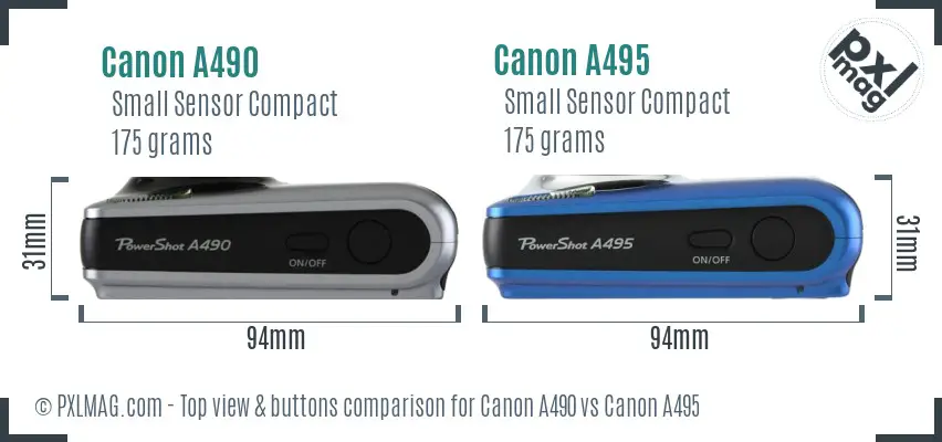 Canon A490 vs Canon A495 top view buttons comparison