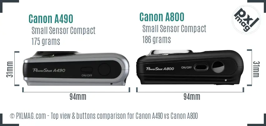 Canon A490 vs Canon A800 top view buttons comparison