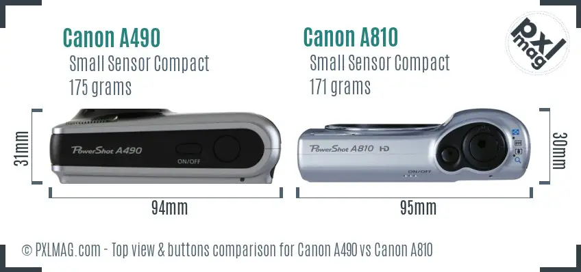 Canon A490 vs Canon A810 top view buttons comparison