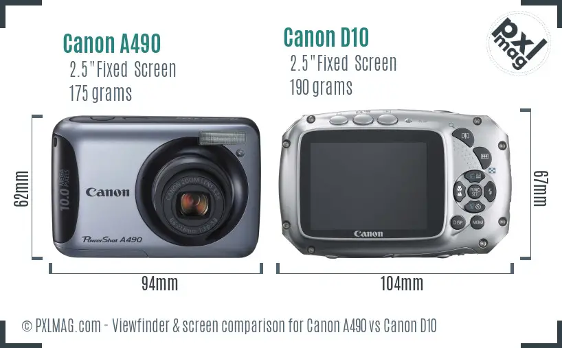 Canon A490 vs Canon D10 Screen and Viewfinder comparison
