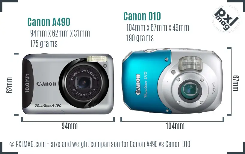 Canon A490 vs Canon D10 size comparison
