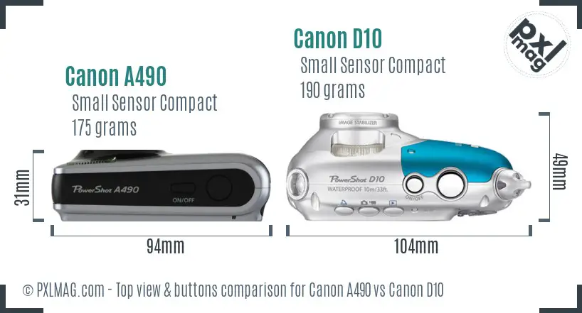 Canon A490 vs Canon D10 top view buttons comparison