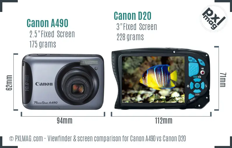 Canon A490 vs Canon D20 Screen and Viewfinder comparison