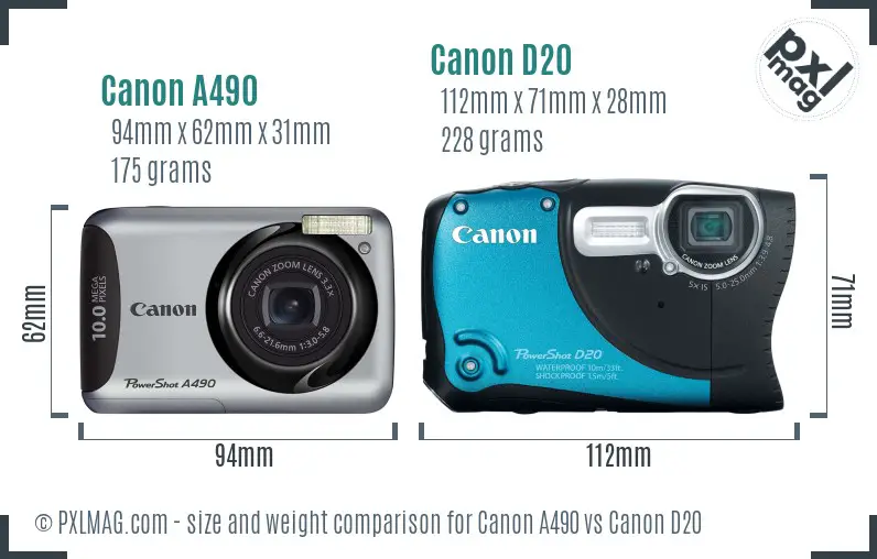 Canon A490 vs Canon D20 size comparison