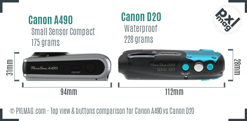 Canon A490 vs Canon D20 top view buttons comparison