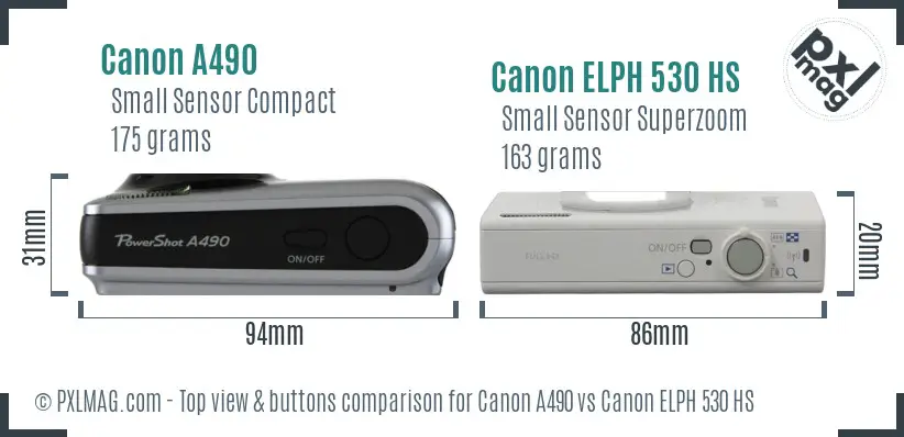 Canon A490 vs Canon ELPH 530 HS top view buttons comparison Canon A490 vs Canon ELPH 530 HS top view buttons comparison