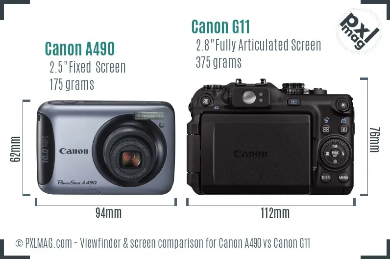 Canon A490 vs Canon G11 Screen and Viewfinder comparison