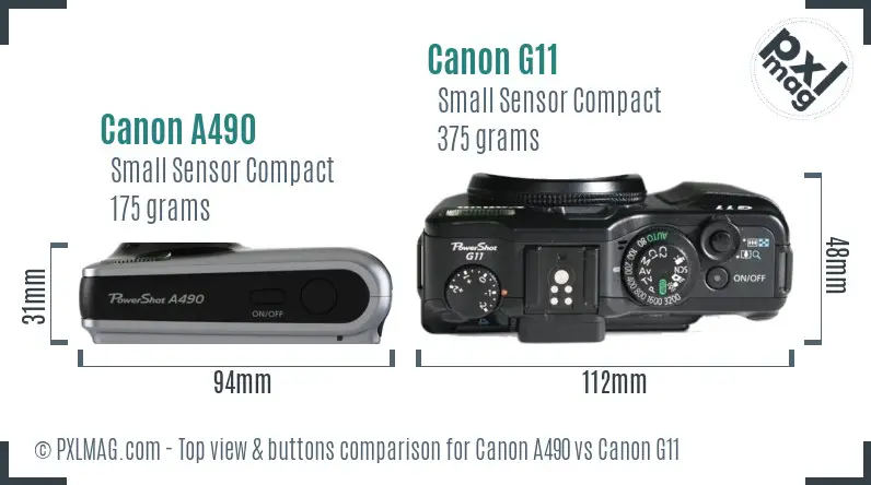 Canon A490 vs Canon G11 top view buttons comparison