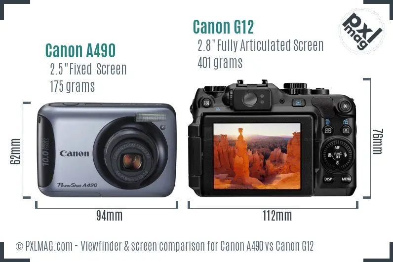 Canon A490 vs Canon G12 Screen and Viewfinder comparison