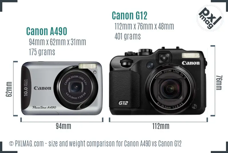 Canon A490 vs Canon G12 size comparison