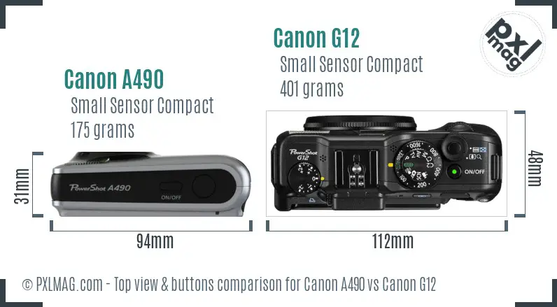 Canon A490 vs Canon G12 top view buttons comparison
