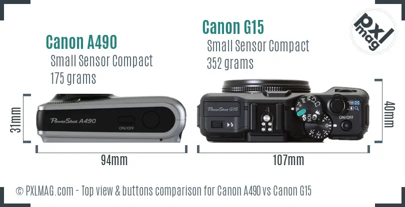 Canon A490 vs Canon G15 top view buttons comparison