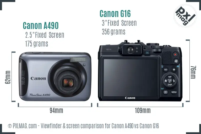 Canon A490 vs Canon G16 Screen and Viewfinder comparison