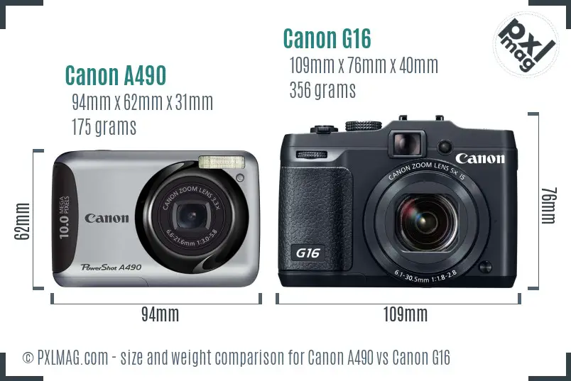 Canon A490 vs Canon G16 size comparison