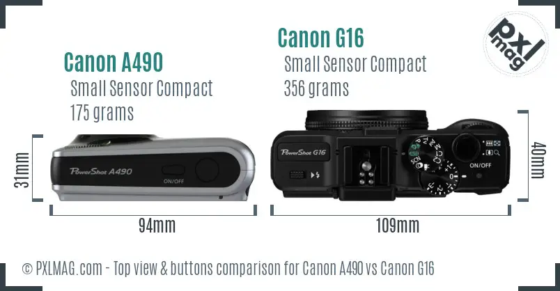 Canon A490 vs Canon G16 top view buttons comparison
