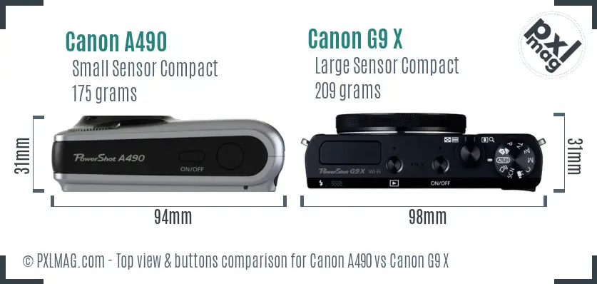 Canon A490 vs Canon G9 X top view buttons comparison