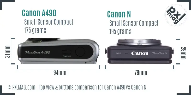 Canon A490 vs Canon N top view buttons comparison Canon A490 vs Canon N top view buttons comparison