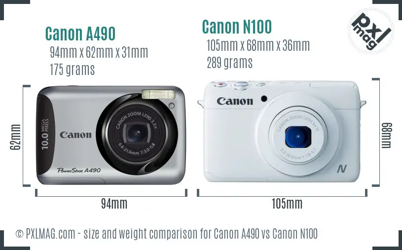 Canon A490 vs Canon N100 size comparison