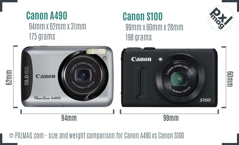 Canon A490 vs Canon S100 size comparison Canon A490 vs Canon S100 size comparison