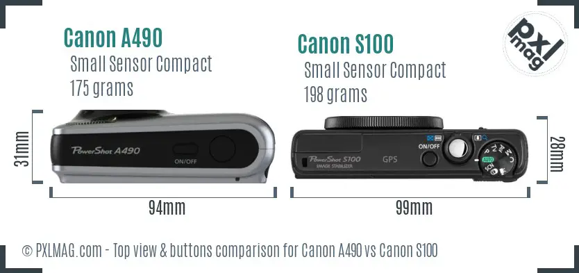 Canon A490 vs Canon S100 top view buttons comparison Canon A490 vs Canon S100 top view buttons comparison