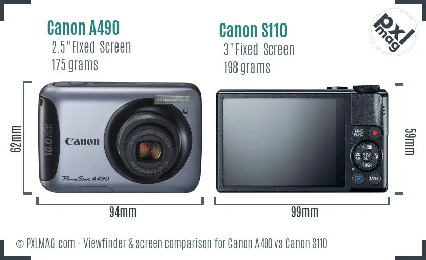 Canon A490 vs Canon S110 Screen and Viewfinder comparison