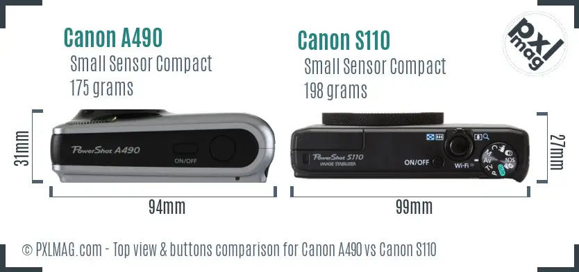 Canon A490 vs Canon S110 top view buttons comparison