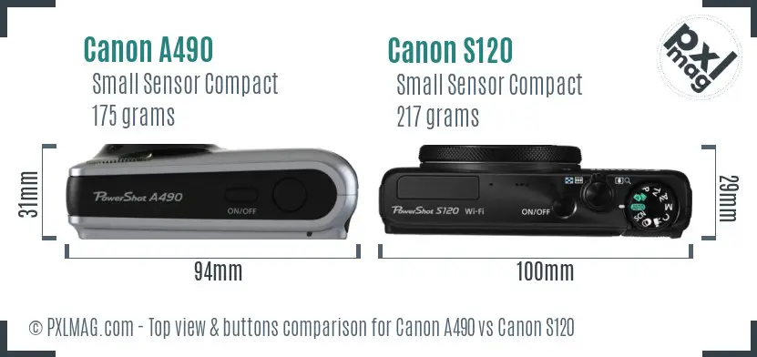 Canon A490 vs Canon S120 top view buttons comparison
