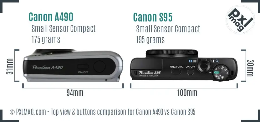 Canon A490 vs Canon S95 top view buttons comparison Canon A490 vs Canon S95 top view buttons comparison