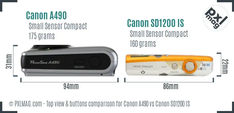 Canon A490 vs Canon SD1200 IS top view buttons comparison Canon A490 vs Canon SD1200 IS top view buttons comparison