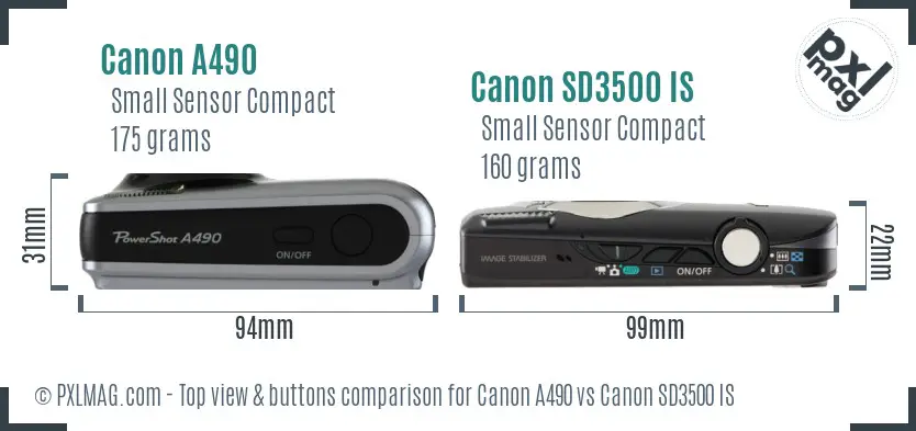 Canon A490 vs Canon SD3500 IS top view buttons comparison
