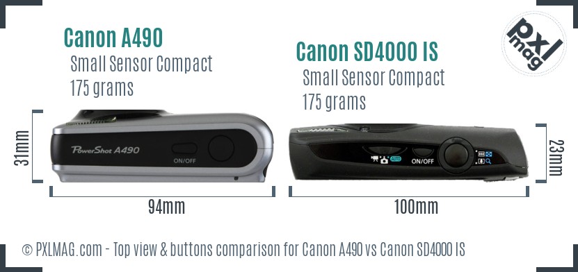 Canon A490 vs Canon SD4000 IS top view buttons comparison