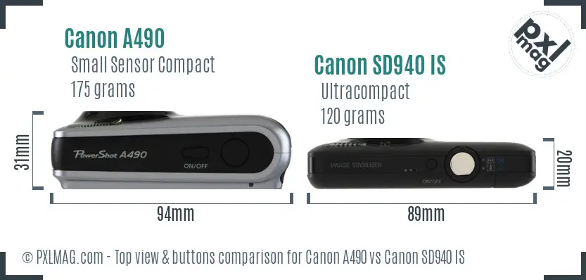 Canon A490 vs Canon SD940 IS top view buttons comparison