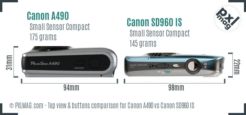 Canon A490 vs Canon SD960 IS top view buttons comparison
