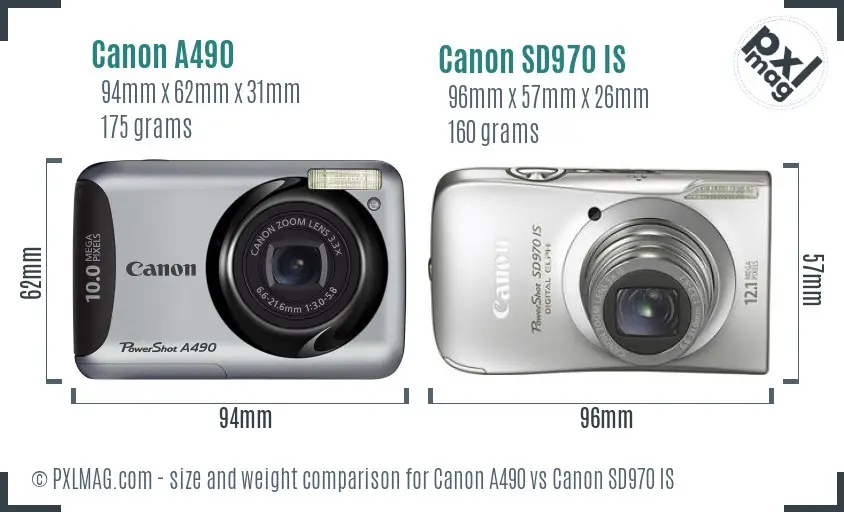 Canon A490 vs Canon SD970 IS size comparison