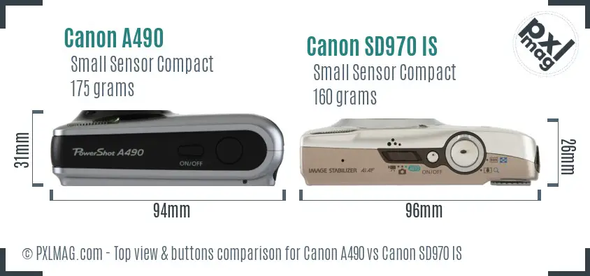 Canon A490 vs Canon SD970 IS top view buttons comparison