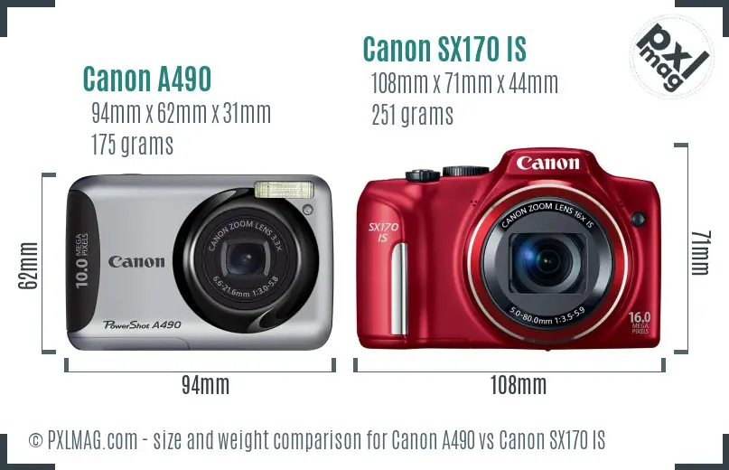 Canon A490 vs Canon SX170 IS size comparison