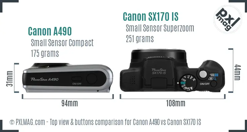 Canon A490 vs Canon SX170 IS top view buttons comparison