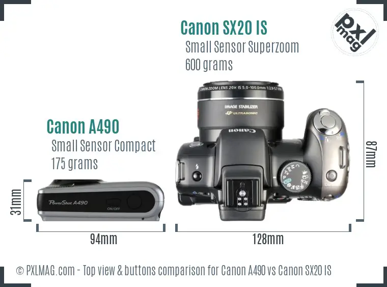 Canon A490 vs Canon SX20 IS top view buttons comparison