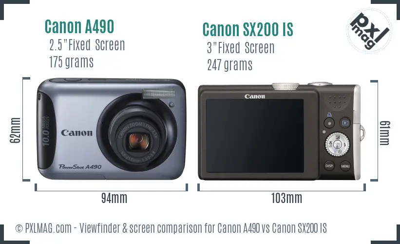 Canon A490 vs Canon SX200 IS Screen and Viewfinder comparison