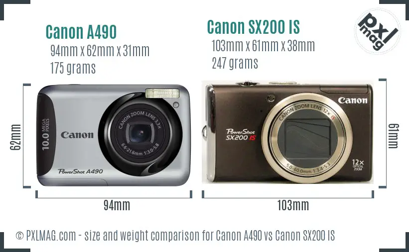 Canon A490 vs Canon SX200 IS size comparison