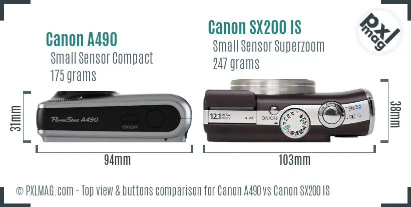 Canon A490 vs Canon SX200 IS top view buttons comparison