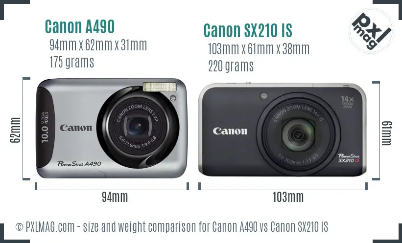 Canon A490 vs Canon SX210 IS size comparison